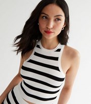 New Look Petite White Stripe Ribbed Knit Crop Racer Top